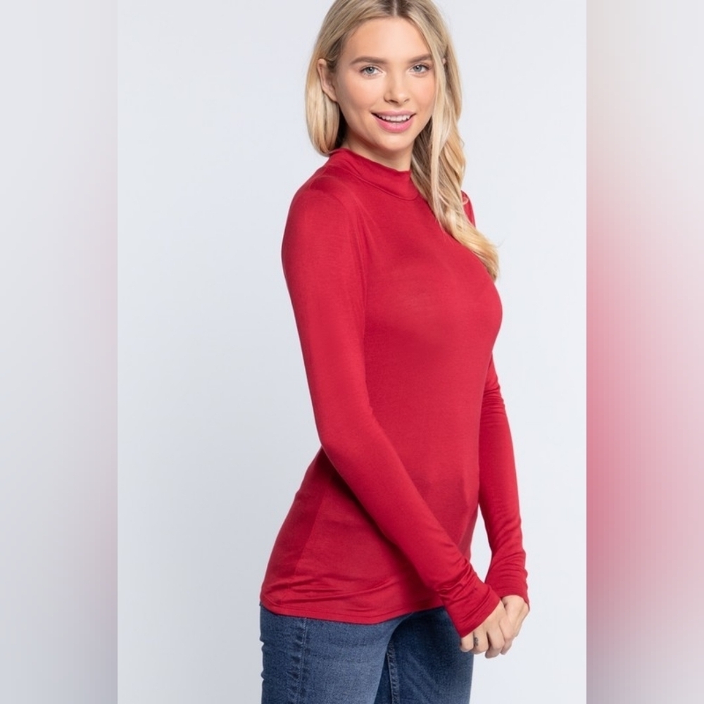 Red Second Skin Long Sleeve Mock Neck Rayon Jersey Spandex Top